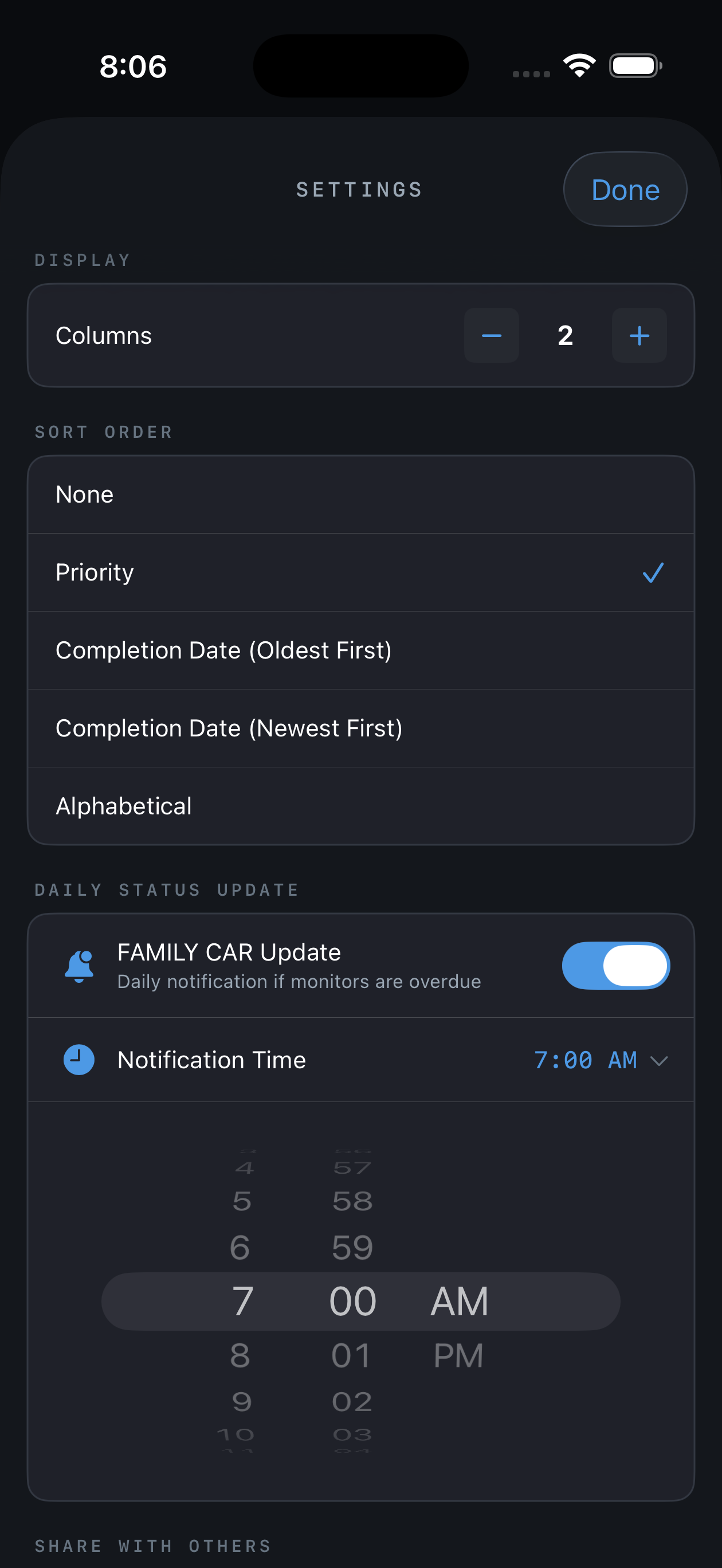 Setting notification example